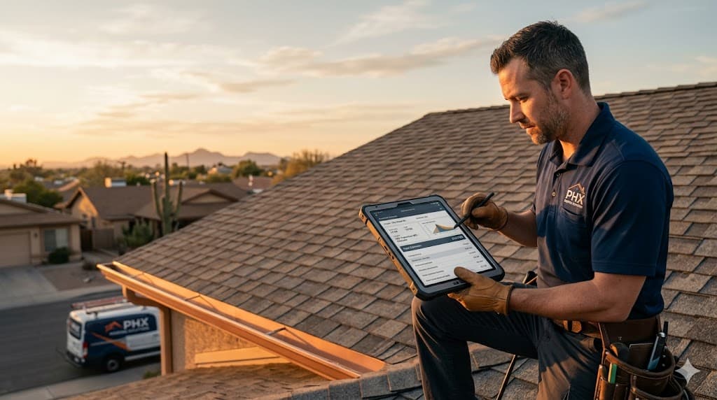 Home service technician using an AI-drafted estimate workflow on a tablet, on a residential roof in Phoenix at sunset