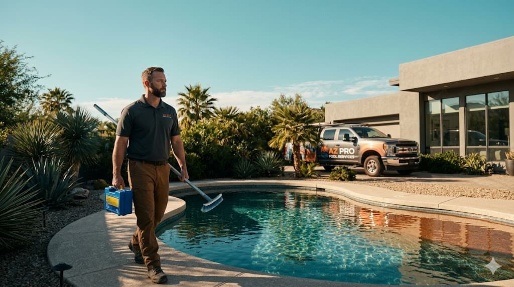 Pool service technician walking to a residential pool with a branded service truck visible in the driveway