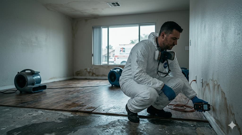 Restoration technician in protective gear examining water-damaged drywall in a residential interior